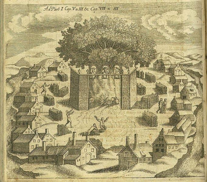 Het vermeende centrale Pruisische heiligdom met het heilige vuur op het schiereiland Samland nabij Königsberg (Kaliningrad). Illustratie uit Christoph Hartknochs ‘Alt- und Neues Preußen’, 1648. 
