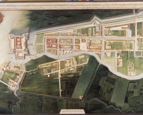 Reproductie van een plattegrond van Batavia uit circa 1627