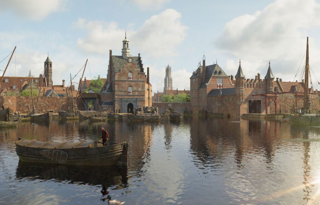 Reconstructie van Delft in 1660 - Zicht op de Stadspoort