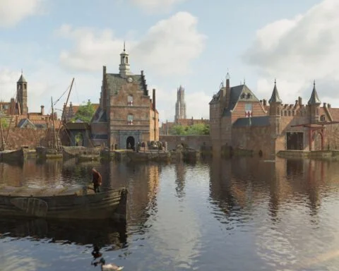 Reconstructie van Delft in 1660 - Zicht op de Stadspoort