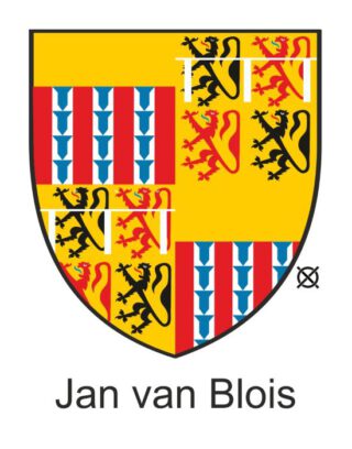 Wapen van Jan van Blois in kleur. Hier is Blois gevierendeeld met het wapen van zijn grootvader Jan van Beaumont: de Henegouwse en Hollandse leeuwen met een zilveren barensteel. 