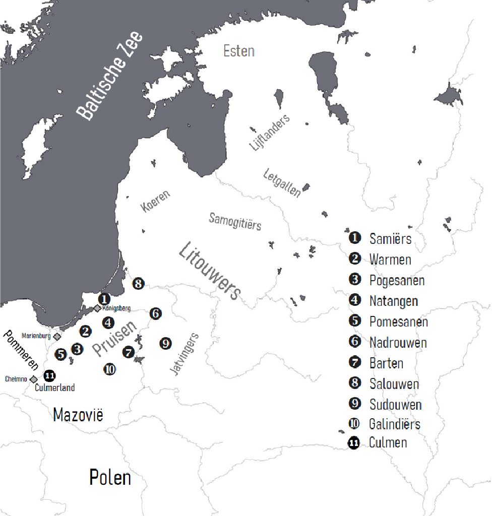 De Baltische regio met de verschillende Pruisische volksstammen en de naburige Baltische volkeren rond het midden van de dertiende eeuw. Bron: Bruno De Cordier.