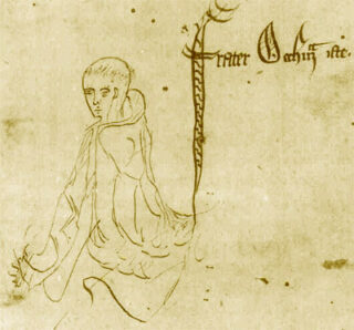Willem van Ockham - Schets in een manuscript met het bijschrift frater Occham iste, 1341