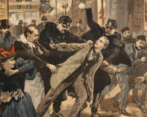 Aanslag op Café Terminus en arrestatie van Emile Henry. Ill. Osvaldo Tofani, Le Petit Journal, 26 feb. 1894.