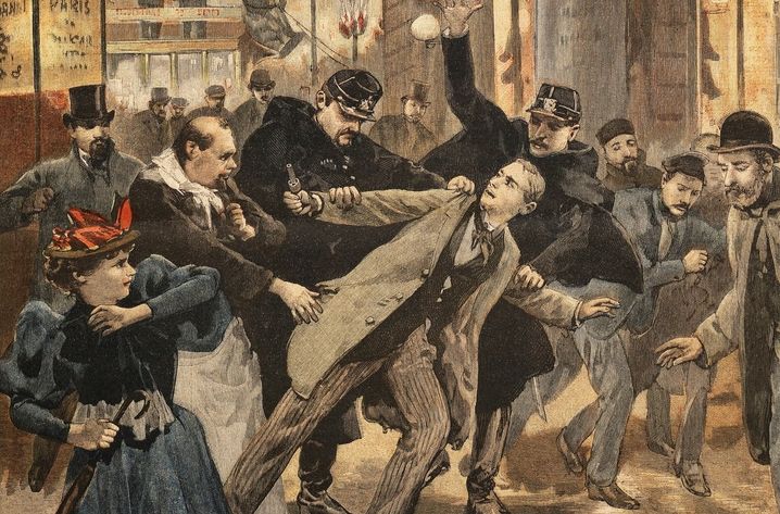 Aanslag op Café Terminus en arrestatie van Emile Henry. Ill. Osvaldo Tofani, Le Petit Journal, 26 feb. 1894.
