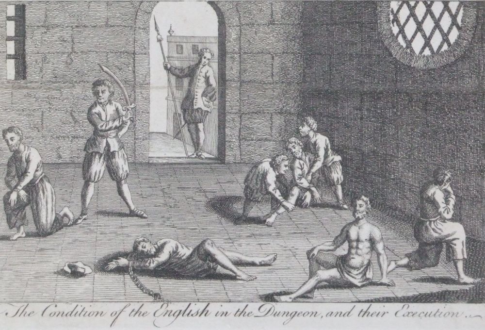 Engelsen in de kerker en hun executie, afgebeeld op een pamflet uit circa 1700