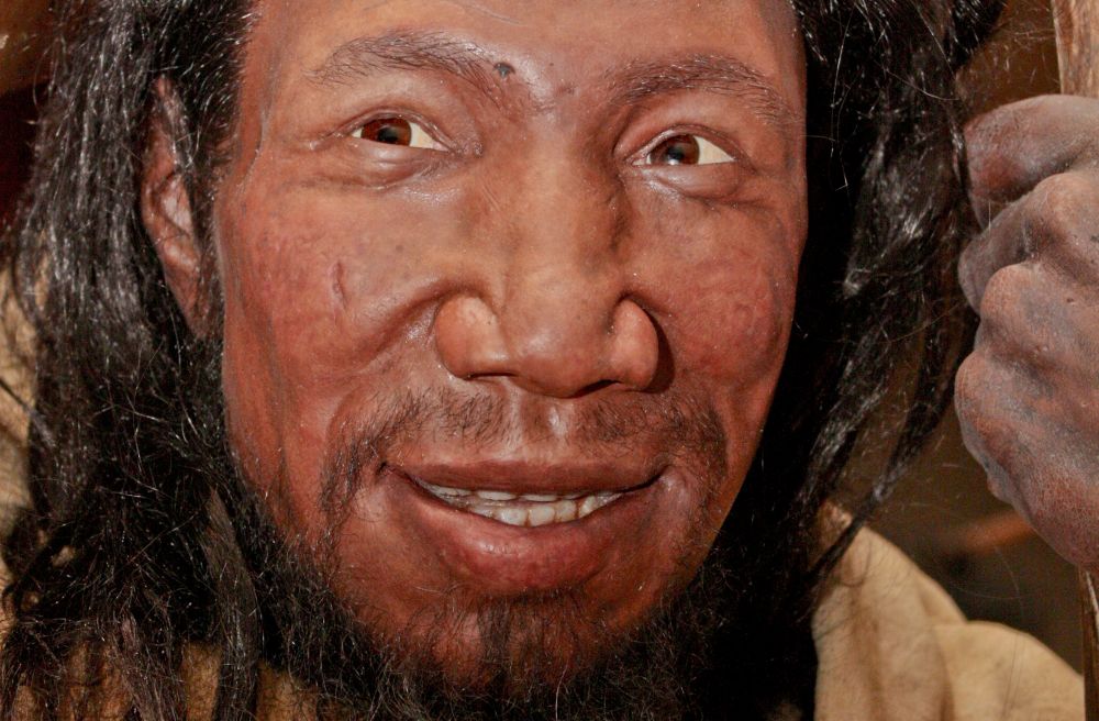 Reconstructie van een Cro magnon mens in een Neanderthaler Museum in Roemenië