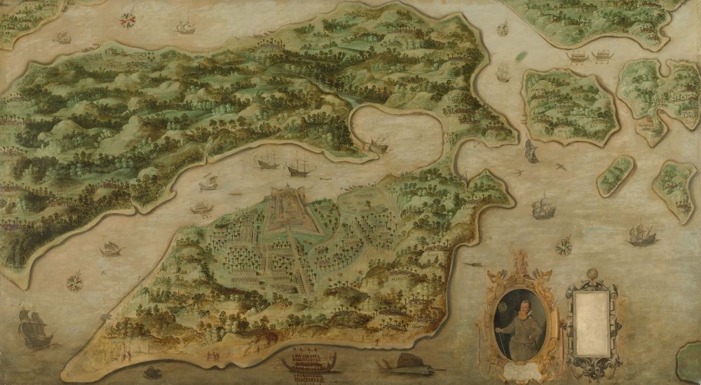Gezicht op Ambon, met rechtsonder de eerste Nederlandse gouverneur van het eiland, Frederik Houtman - Anoniem, ca. 1617