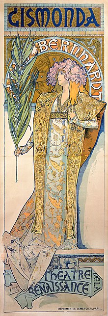 Sarah Bernhardt afgebeeld als Gismonda op een affiche van Alfons Mucha, 1984