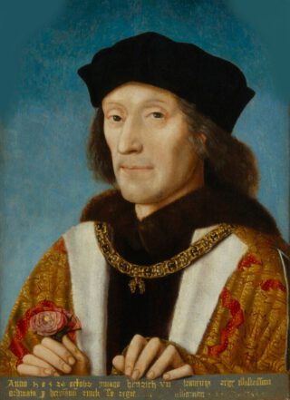 Hendrik VII houdt een roos vast en draagt ​​de kraag van de Orde van het Gulden Vlies