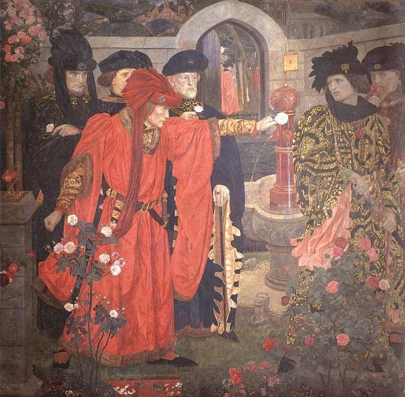 Scène uit Shakespeares Henry VI, deel 1: leden van de huizen York en Lancaster plukken ieder rozen die bij hun factie horen. Geschilderd door Henry Payne, circa 1908.