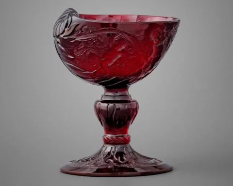 Johann Kunckel. Gegraveerd goudrobijn glas met schelpvormige kelk met bijbehorende foedraal. Potsdam, ca. 1685-1690. Gravering toegeschreven aan Gottfried Spiller