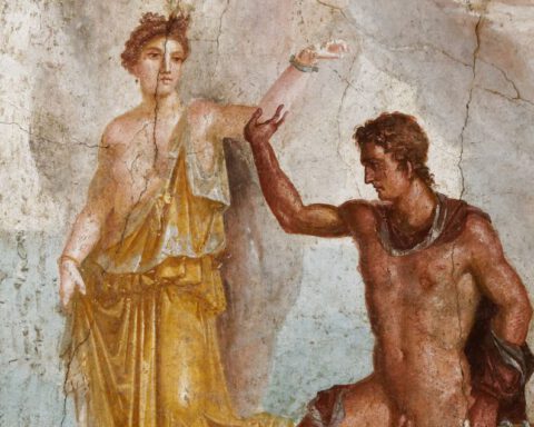 Perseus bevrijdt Andromeda - Fresco uit de 1e eeuw na Christus uit het Casa Dei Dioscuri, Pompeii.