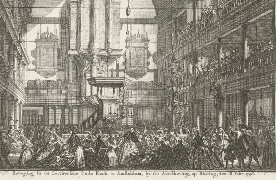 Opschudding in de Oude Lutherse Kerk te Amsterdam tijdens de aardbeving op 18 februari 1756, Simon Fokke, 1756 - 1757