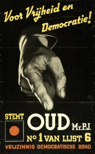 Naam van Pieter Oud op een verkiezingsposter van de Vrijzinnig-Democratische Bond, 1937