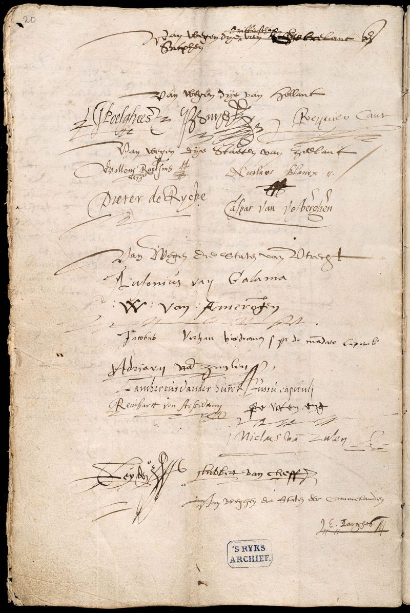 De laatste pagina van het Haagse handschrift van de Unie van Utrecht met enkele handtekeningen van notabelen