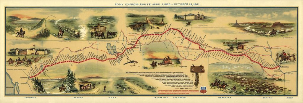 Geïllustreerde weergave van de route van de Pony Express