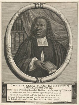 Portret van Jacobus Capitein met daaronder het lofschrift van Brandijn Rijser