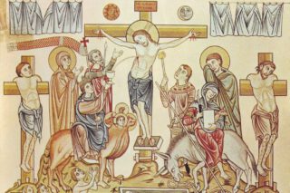 Twaalfde-eeuwse verbeelding van de kruisiging van Jezus