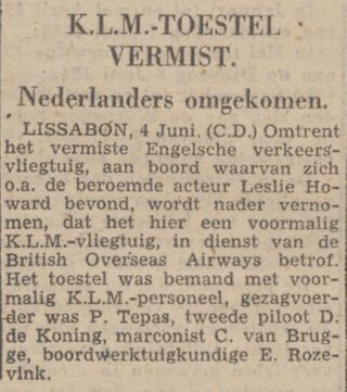 Noordbrabantsche courant van 4 juni 1943 over de vermissing van de 'Ibis'