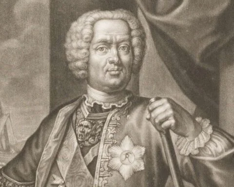 Theodor von Neuhoff, de Duitse baron die één zomer lang koning van Corsica was. - Mezzotint van Johann Jakob Haid, ca. 1740