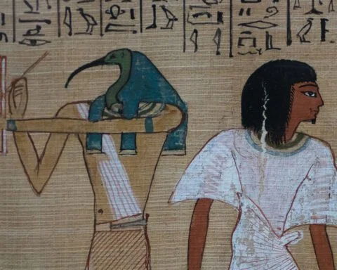 Thoth noteert het gewicht van het hart van een overledene tijdens het dodengericht - Detail van de papyrus van Hunefer