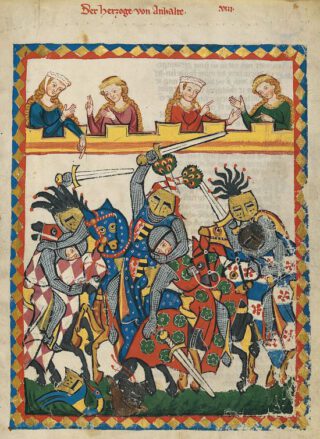 Een vroeg veertiende-eeuwse afbeelding van een gevecht te paard in een toernooi 