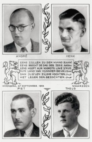 Een herinneringskaart van de vier verzetsmannen die door de Landwacht werdengearresteerd en diezelfde dag werden geëxecuteerd in Fort De Bilt.