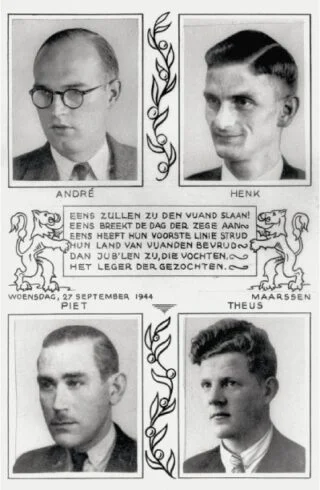 Een herinneringskaart van de vier verzetsmannen die door de Landwacht werden
gearresteerd en diezelfde dag werden geëxecuteerd in Fort De Bilt.
