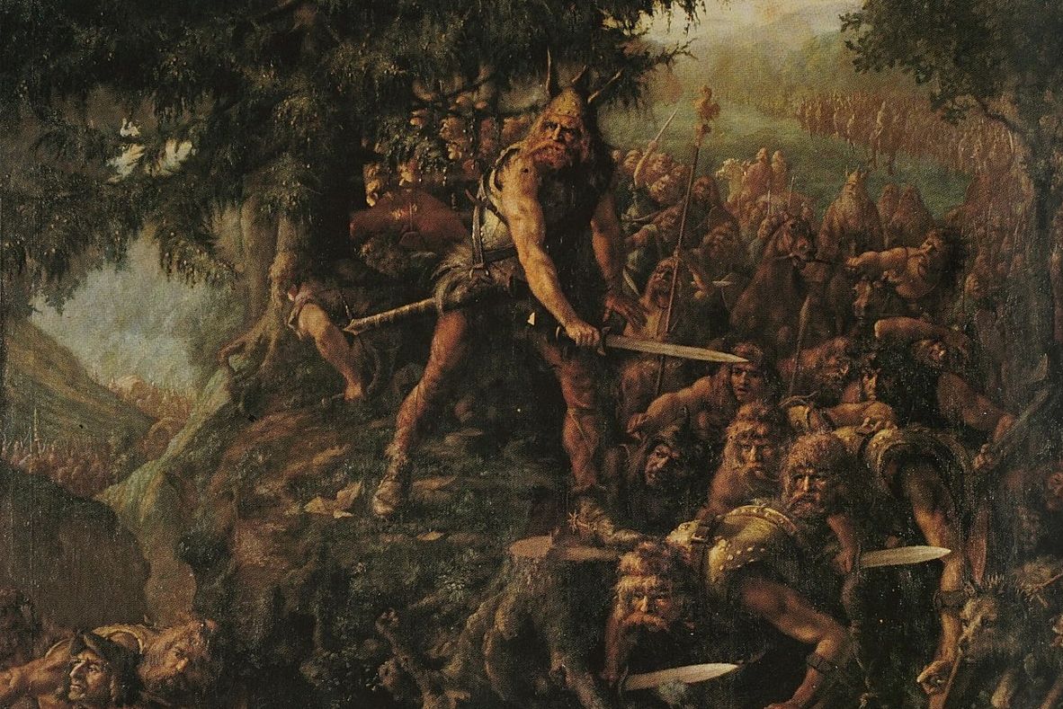 Ambiorix neemt het op tegen een Romeins legioen. Schilderij van Karel de Kesel uit circa 1865