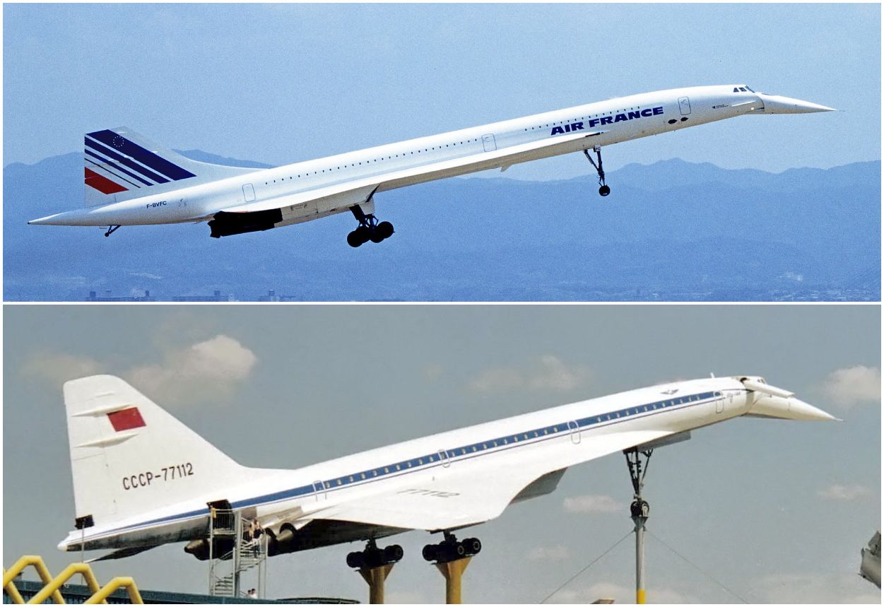 Concorde van Air France tijdens de landing in Osaka in 1994 en Tu-144