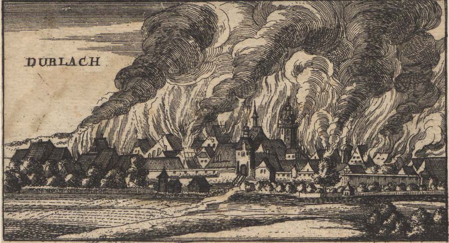 Durlach was een van de kleinere steden in de Palts die in 1689 na plundering door de Fransen in vlammen op ging. 