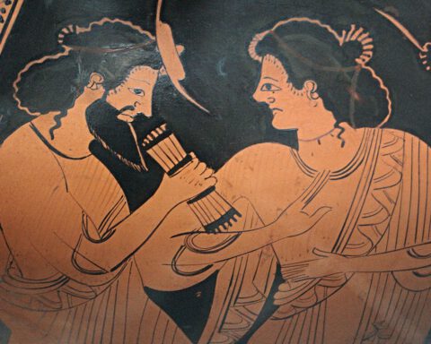 Afbeelding van Maia en Hermes op een amfora uit circa 500 v.Chr.