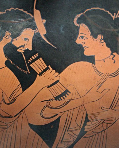 Afbeelding van Maia en Hermes op een amfora uit circa 500 v.Chr.