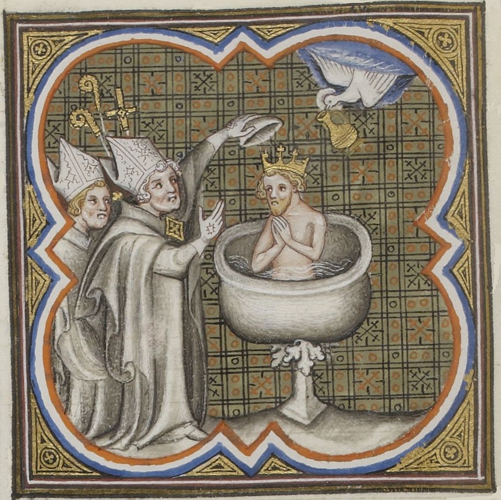 Tijdens de doop van de Frankische koning Clovis rond 500 zou een duif een ampul met gewijde olie uit de hemel hebben gebracht. Volgens een latere mythe werd deze olie nog eeuwenlang gebruikt bij de zalving van Franse koningen.