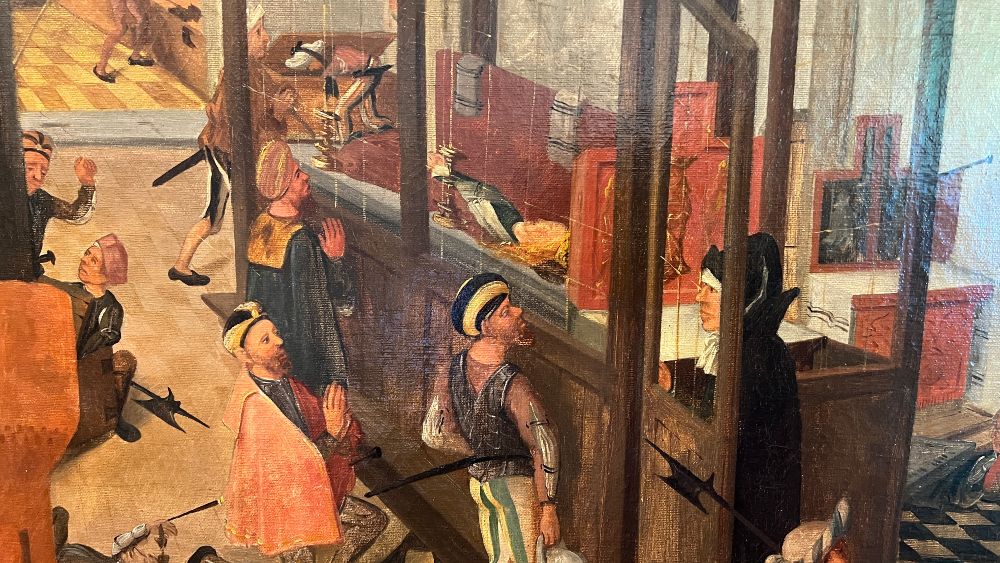 De schrijn met Cunera in de Cunerakerk. Fragment van een schilderij van Levolger getiteld 'De Verovering van Rhenen in 1499' 