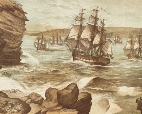 Aankomst van de eerste vloot met strafgevangenen in Botany Bay op 26 januari 1788.