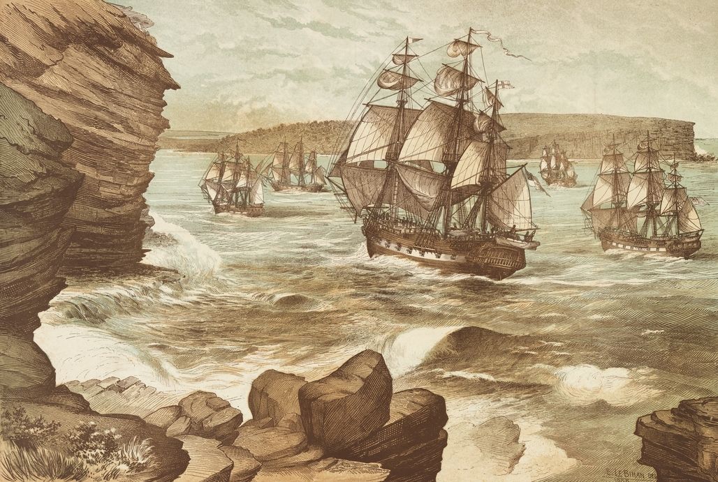 Aankomst van de eerste vloot met strafgevangenen in Botany Bay op 26 januari 1788.