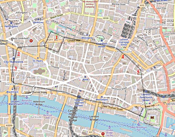 Londinium (contour) op huidige kaart met poorten 