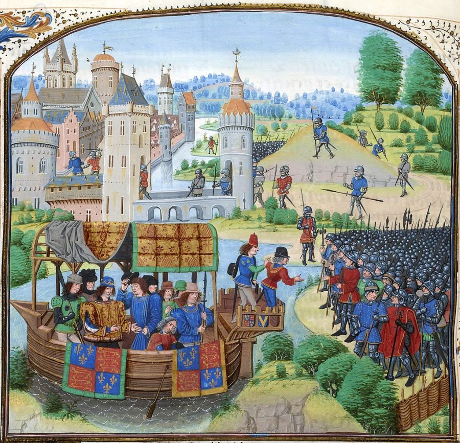 Peasants’ Revolt, 1381 - De jonge koning Richard II ontmoet de rebellen op 14 juni 1381, in een miniatuur uit een kopie uit 1470 van de Kronieken van Jean Froissart.