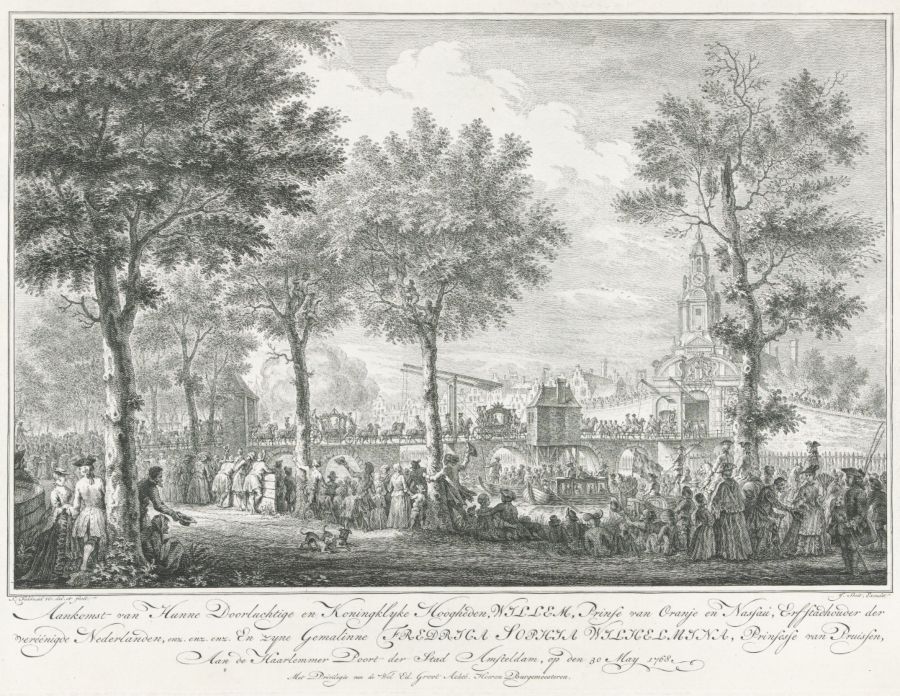 Aankomst van Willem V en Wilhelmina van Pruisen bij de Haarlemmerpoort in Amsterdam, 1768 