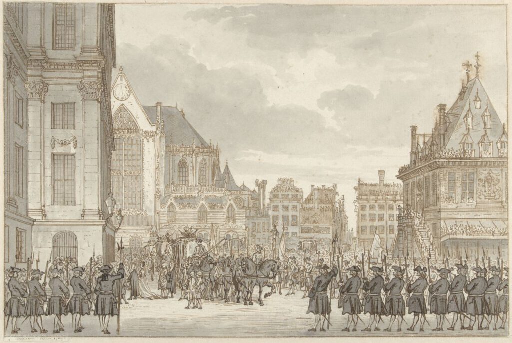 Aankomst van prins Willem V en Wilhelmina van Pruisen bij het Stadhuis op de Dam in Amsterdam, 30 mei 1768