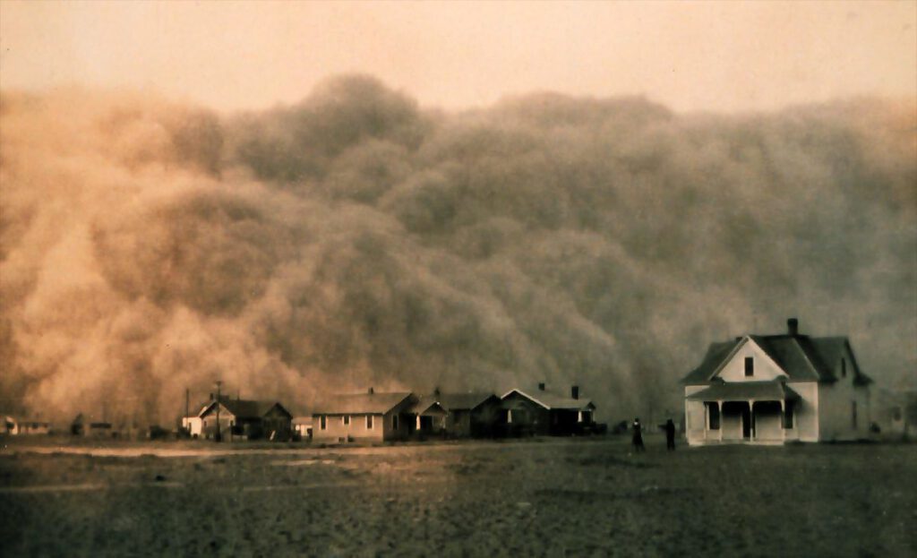 Een stofstorm nadert Stratford, Texas, in 1935