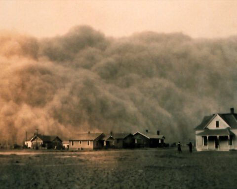 Een stofstorm nadert Stratford, Texas, in 1935