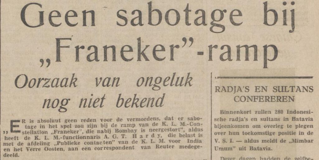 Bericht over het onderzoek naar de vliegramp in Het nieuwsblad voor Sumatra, 14-07-1949 