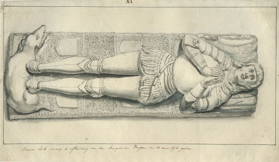 Bovenaanzicht van de grafzerk van de in Den Haag overleden Filips van Glymes, aangetroffen tijdens de opgravingen in de Hofkapel, 1770.
