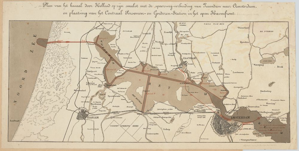Plan voor het kanaal door 'Holland op zijn smalst', ofwel het Noordzeekanaal, Collectie Atlas Kok, ca. 1874