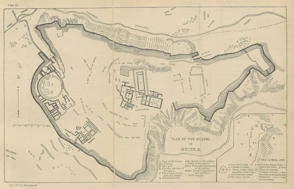 Plattegrond van Mycene met in het noordwesten de Leeuwenpoort. Gemaakt in 1898.