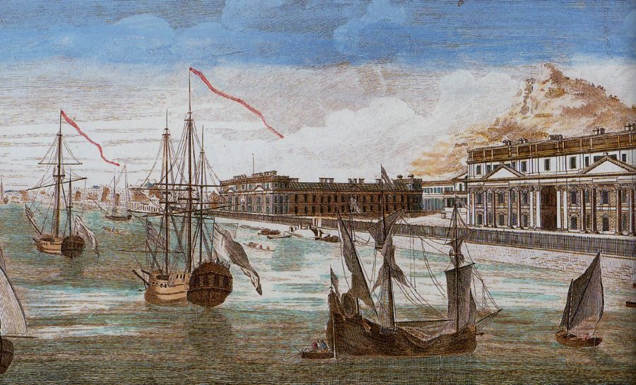 Puducherry / Pondicherry in de 18e eeuw. Zicht op het magazijn van de Compagnie des Indes