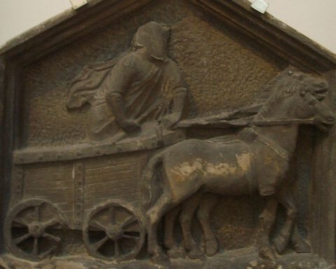 Thespis op een wagen - Veertiende-eeuws reliëf
